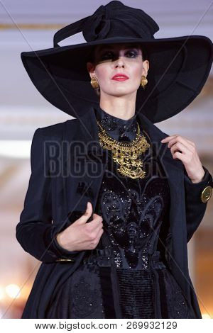 ST. PETERSBURG, RUSSIA - NOVEMBER 15, 2018: Fashion parade of Slava Zaitsev collection in the Hermitage hotel during Saint-Petersburg International Cultural Forum
