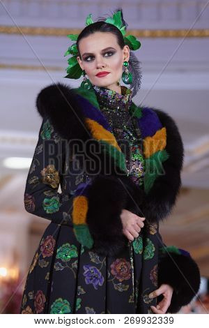 ST. PETERSBURG, RUSSIA - NOVEMBER 15, 2018: Fashion parade of Slava Zaitsev collection in the Hermitage hotel during Saint-Petersburg International Cultural Forum