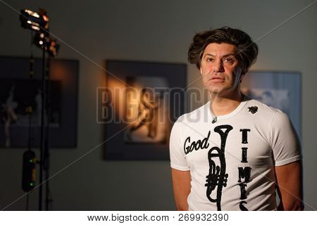 ST. PETERSBURG, RUSSIA - NOVEMBER 15, 2018: Nikolai Tsiskaridze, the principal of the Vaganova Ballet Academy talks with press during Saint-Petersburg International Cultural Forum