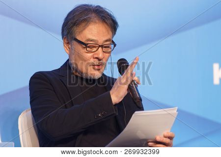 ST. PETERSBURG, RUSSIA - NOVEMBER 15, 2018: Kiyoshi Kurosawa, Japanese film director, scriptwriter, writer, professor gives a lecture during Saint-Petersburg International Cultural Forum