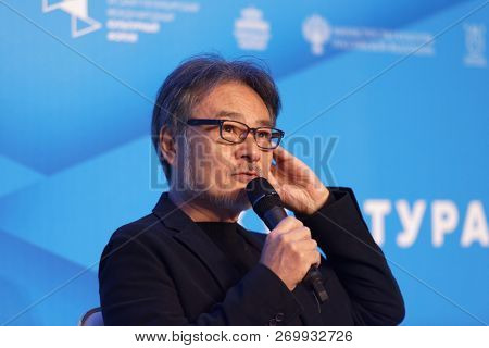 ST. PETERSBURG, RUSSIA - NOVEMBER 15, 2018: Kiyoshi Kurosawa, Japanese film director, scriptwriter, writer, professor gives a lecture during Saint-Petersburg International Cultural Forum