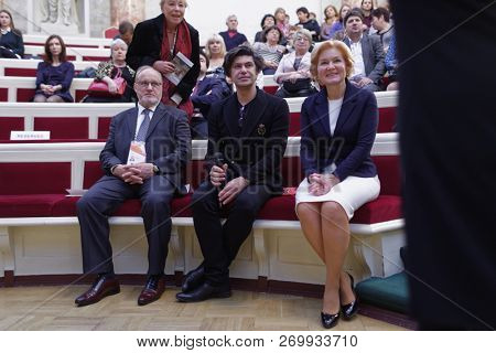 ST. PETERSBURG, RUSSIA - NOVEMBER 16, 2018: Right to Left: Olga Golodets, Nikolai Tsiskaridze, and Vladimir Kirillov dirung Saint-Petersburg International Cultural Forum