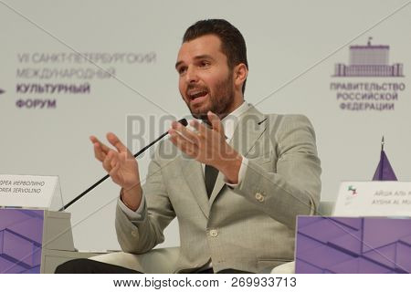 ST. PETERSBURG, RUSSIA - NOVEMBER 16, 2018: Andrea Iervolino, Italian-Canadian film producer and businessman participates in a talk-show during Saint-Petersburg International Cultural Forum