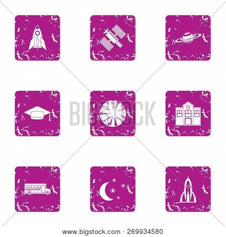 Space Knowledge Icons Set. Grunge Set Of 9 Space Knowledge Icons For Web Isolated On White Backgroun