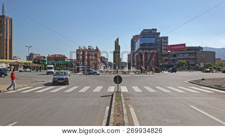 Shkoder, Albania - July 25, 2012: Fountain At Democracy Square Town Centre In Shkoder, Albania.