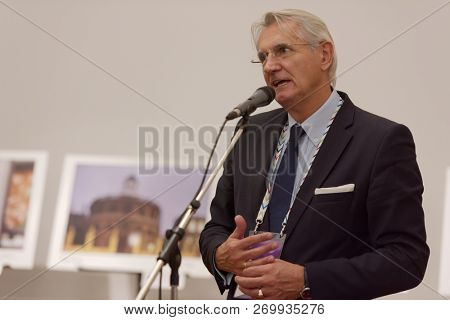ST. PETERSBURG, RUSSIA - NOVEMBER 16, 2018: Walter Reicher, quartermaster of the Joseph Haydn International Festival in Eisenstadt during Saint-Petersburg Cultural Forum