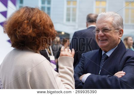 ST. PETERSBURG, RUSSIA - NOVEMBER 17, 2018: Mikhail Piotrovsky, General Director of State Hermitage Museum in the court of General Staff building during Saint-Petersburg International Cultural Forum