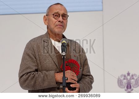 ST. PETERSBURG, RUSSIA - NOVEMBER 17, 2018: Andrey Konchalovsky, film director become Russian Seasons Ambassador for the next year during Saint-Petersburg International Cultural Forum