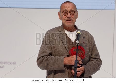ST. PETERSBURG, RUSSIA - NOVEMBER 17, 2018: Andrey Konchalovsky, film director become Russian Seasons Ambassador for the next year during Saint-Petersburg International Cultural Forum