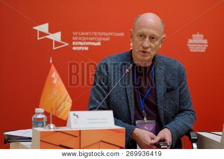 ST. PETERSBURG, RUSSIA - NOVEMBER 17, 2018: Vladimir Shukhov, president of the foundation Shukhov Tower participates in discussion during Saint-Petersburg International Cultural Forum
