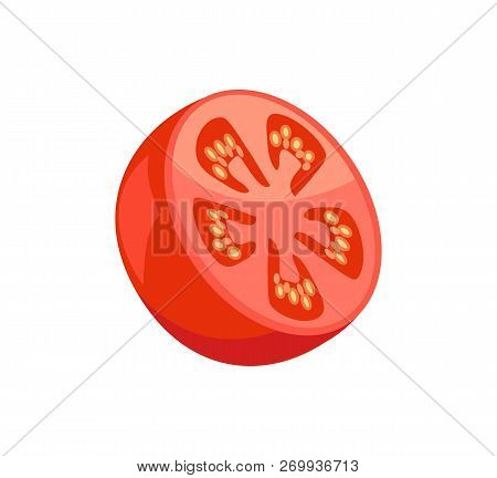 Half Tomato Isolated Vector Icon In Cartoon Style. Hand Drawn Single Badge Of Fresh And Raw Sliced V