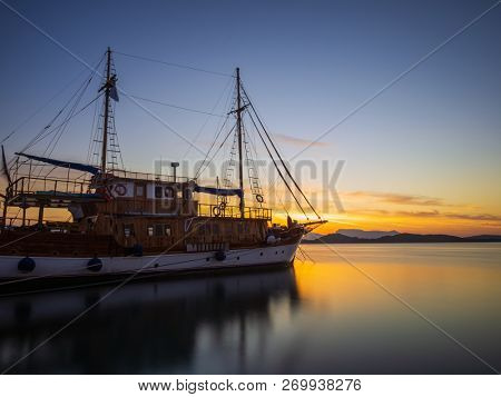 Sailboat at Sunrise on the bay of Nidri in Lefkas island Greece