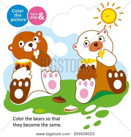 Game For Small Children. Bear Eats Honey On A Glade In Summer. Color The Picture. Coloring. For Chil