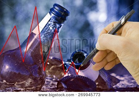 Shattered Beer Bottle Resting On The Ground: Alcoholism Concept With Hand Drawing A Chart - Toned Im