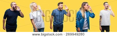 Collage of group people, women and men over colorful yellow isolated background shouting and screaming loud to side with hand on mouth. Communication concept.