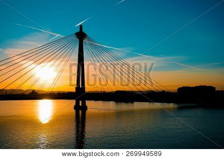 Cute Sunset With Donaustadt Bridge In Vienna, Austria.