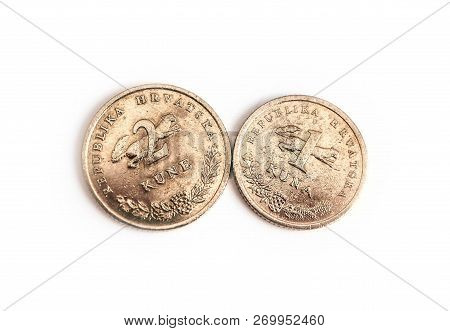 Croatian Money, One And Two Kuna сoins, Averse And Reverse, Isolated On White Background. Hrk Curren