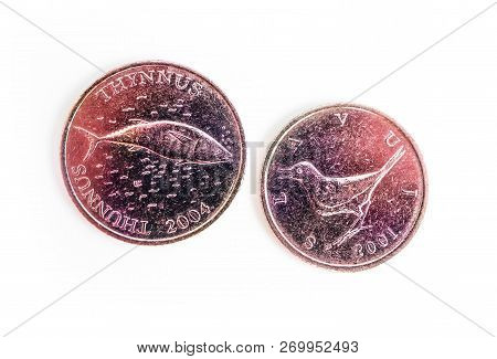 Croatian Money, One And Two Kuna сoins, Averse And Reverse, Isolated On White Background. Hrk Curren