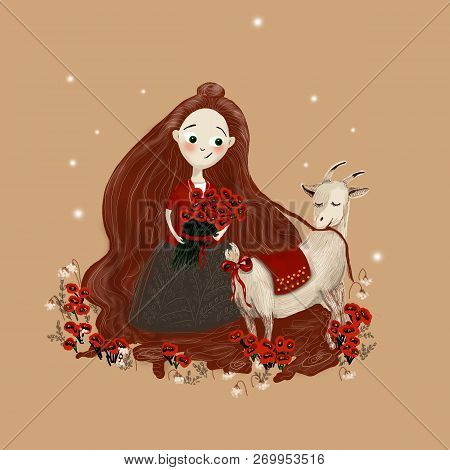 Girl Playing With A Pet Goat Friend Chewing Her Hair They Collect Red Flowers In A Bouquet