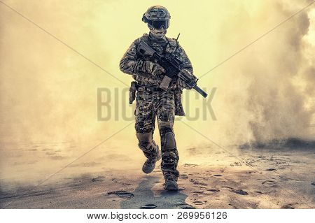 Soldier Breaking Through Battlefield Covered Flame And Fire