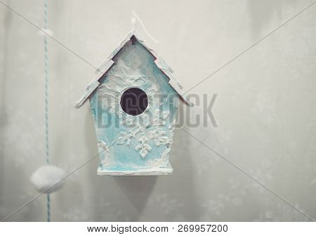 Little Birdhouse In Spring Over Blossom Cherry Tree. Handmade