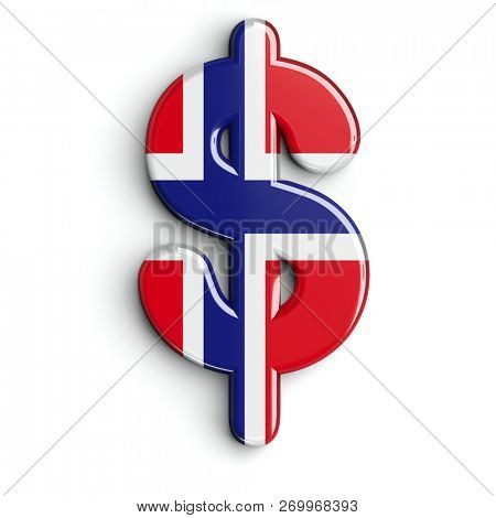 Norway dollar currency sign - 3d Norwegian flag business symbol isolated on white background. This alphabet is perfect for creative illustrations related but not limited to Norway, Oslo, Nordic countr