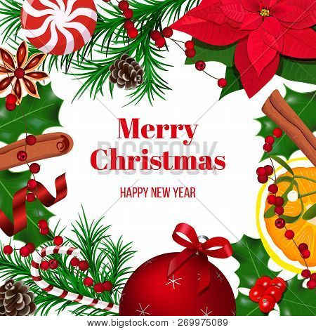 Christmas Frame Decoration Of Holly, Winterberry, Poinsettia Composed Of Fresh Fir Branches. Place F