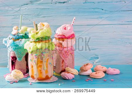Freakshakes with donuts and candy floss