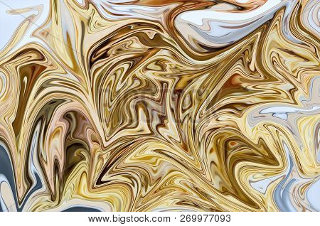 Liquify Abstract Pattern With Yellow, Brown And White Graphics Color Art Form. Digital Background Wi