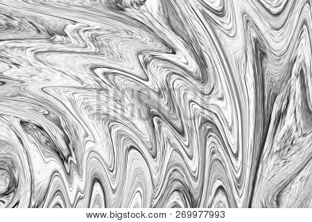 Digital Dark Grey Background With Spread Liquify Flow. Black And White Color Liquifying Pattern.