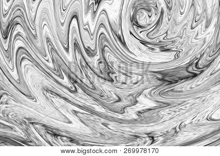 Digital Dark Grey Background With Spread Liquify Flow. Black And White Color Liquifying Pattern.
