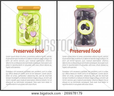Preserved Food Posters, Vegetables In Marinade. Cucumbers With Onions, Black Greek Olives Inside Jar