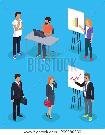 Businessman And Secretary Woman Set Of Working People 3d Isometric. Developer Using Laptop Presenter