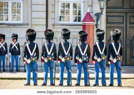 Copenhagen, Denmark - July 15, 2017: Changing Of The Guards At The Amalienborg Castle In Copenhagen 