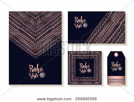 Boho Style Collection Of Card, Label And Tag Templates With Cute Handmade Tribal Art Designs In Luxu