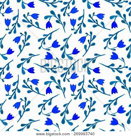 Cute Watercolor Floral Seamless Pattern. Blue Boho Flowers. Vintage Hippie Style. Cute Floral Waterc