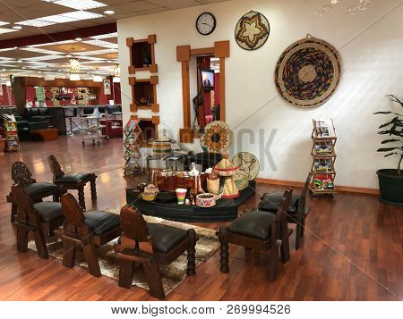 ADDIS ABABA, ETHIOPIAN - APRIL 2018 : Coffee ceremony zone at Cloud Nine Business Class Lounge inside Addis Ababa Bole International Airport, Ethiopia on April 12, 2018