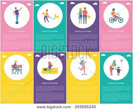 People In Park Walking Dog, Riding Bicycle, Sitting On Bench. Working On Blanket With Laptop, Skatin