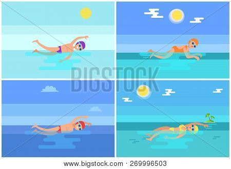 Backstroke And Breaststroke, Freestyle And Butterfly Styles Set. People Professional Swimmers In Sea