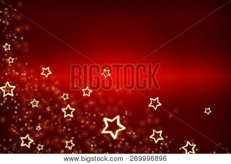 Christmas Card. Red Background For The Holiday. Gold Stars As A Frame On A Red Background.red Backgr