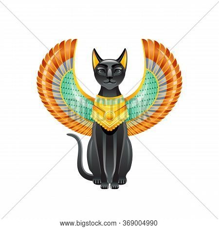 Egyptian Cat. Bastet Goddess. Black Cat With Scarab Wings And Gold Necklace. Satuette From Ancient E