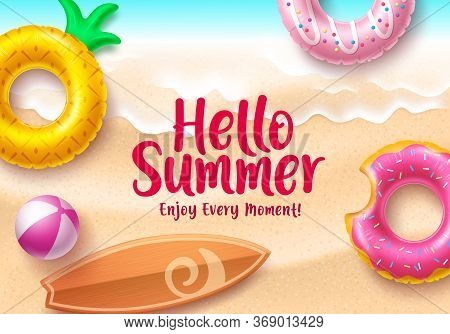 Hello Summer Vector Banner Design. Hello Summer Text With Colorful Beach Elements Like Floating Donu