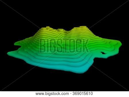 Abstract 3d Topographic Illustration Of Island Heightmap Isolated On Black. Map Line Of Topography. 