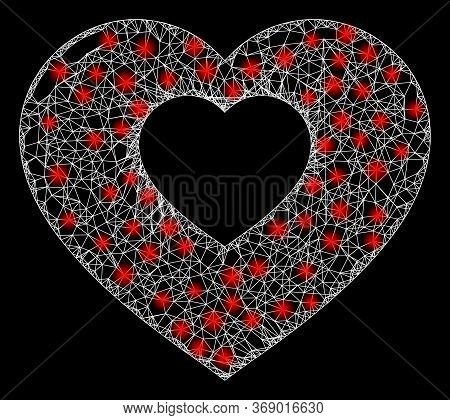 Glowing Web Mesh Valentine Heart With Lightspots. Illuminated Vector 2d Constellation Created From V
