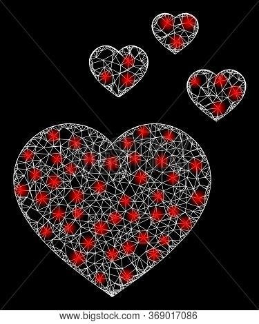 Glare Web Mesh Favorite Hearts With Light Spots. Illuminated Vector 2d Constellation Created From Fa