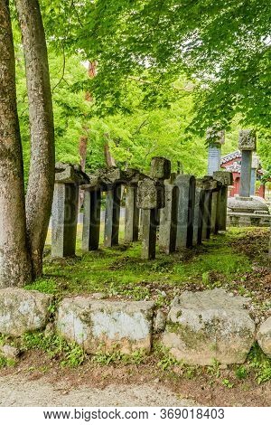 Haeinsa-gil, South Korea; May 26, 2020: Side View Stupas Of Haeinsa Temple Patriarchs In Garden Near