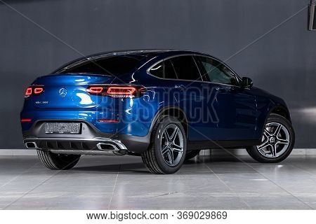 Novosibirsk/ Russia - April 28, 2020:  Blue Mercedes-benz Glc-class,  Back View.  New Expensive Cros