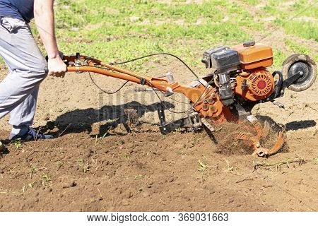Man Farmer Plows The Land With A Cultivator. Agricultural Machinery: Cultivator For Tillage In The G