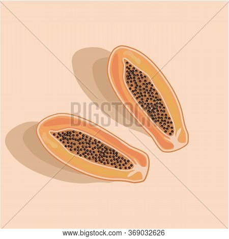 Tropical Fruit Papaya, Cutted In Half With Seeds And Shadows. Exotic Asian Tropical Diet Food. Vecto