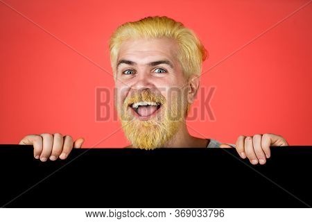 Man With Blank Advertising Board On Color Background. Mock Up Blank Sign For Message With Positive A